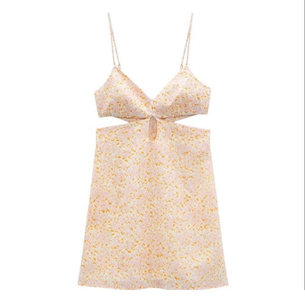 Zara Floral Cut Out Linen Blend Dress